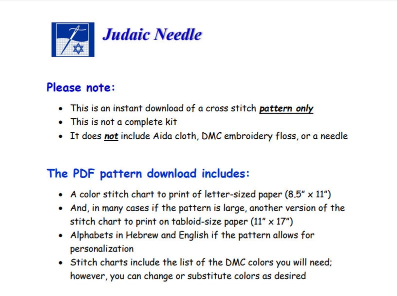 May include: A digital download for a cross stitch pattern. The PDF includes a color stitch chart to print on letter-sized paper (8.5" x 11") or tabloid-size paper (11" x 17"). The pattern also includes a list of DMC colors needed for the project.