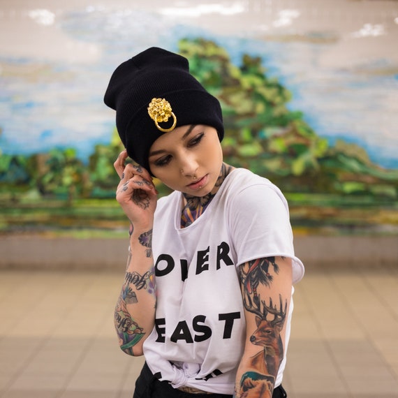 Unisex Black Lion Head Beanie / Skully 
