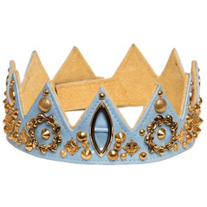 Light Blue Royal Regalia Crown | Leather, Gold Studs, Adjustable Strap