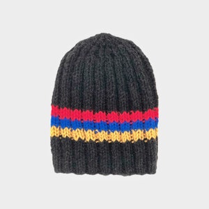Peut inclure: Un bonnet en tricot noir avec un motif de rayures colorées. Le motif de rayures comprend des rayures rouges, bleues et jaunes.