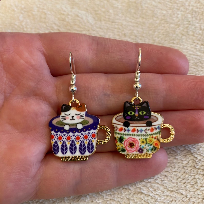 Silver dangle/ drop earrings with mismatch cat in a teacup charms, cat earrings, cat jewellery, mismatch earrings image 2