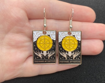 Pendientes colgantes de plata con dijes de tarot, pendientes de tarot, pendientes de la rueda de la fortuna, pendientes de la rueda de la fortuna del tarot
