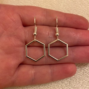 Silver dangle/ drop earrings with hexagon charms, hexagon earrings, geometric earrings