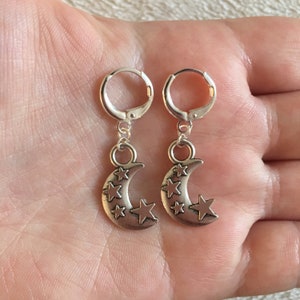 Silver huggie hoop earrings with silver moon with star charms, 10mm hoops, moon and star earrings, celestial earrings