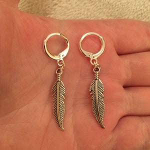 Silver huggie hoop earrings with silver feather charms, 10mm hoops, feather earrings, silver feather huggie hoops,