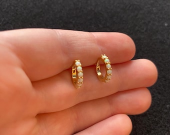 Gold Opal Huggie Hoop Earrings: 18K Gold Plated Sterling Silver