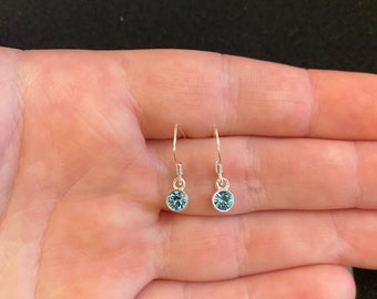 Sterling Silver Dangle Earrings: Aquamarine Swarovski Crystal, March Birthstone