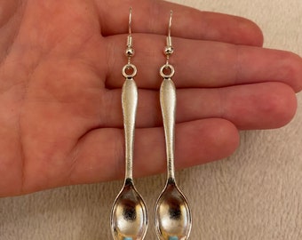 Silver dangle/ drop earrings with big spoon charms, silver spoon earrings, silver spoon dangle earrings