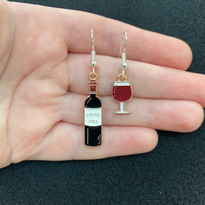 Silver dangle/ drop earrings with red wine bottle and red wine glass charms, red wine earrings, wine bottle earrings, alcohol earrings