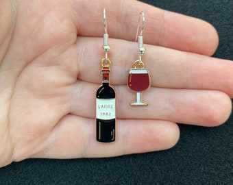 Silver dangle/ drop earrings with red wine bottle and red wine glass charms, red wine earrings, wine bottle earrings, alcohol earrings