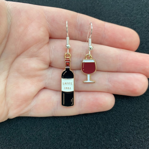 Silver dangle/ drop earrings with red wine bottle and red wine glass charms, red wine earrings, wine bottle earrings, alcohol earrings