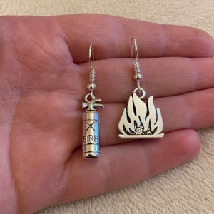 Silver dangle/ drop earrings with fire and fire extinguisher charms, fire earrings, fire extinguisher earrings