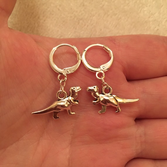 Silver Huggie Hoop Earrings With Dinosaur Charms Dinosaur Huggie