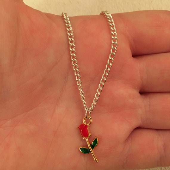 Silver Chain Necklace With Red Rose Charm Red Rose Necklace Red Rose Jewellery Flower Necklace Flower Jewellery Etsy
