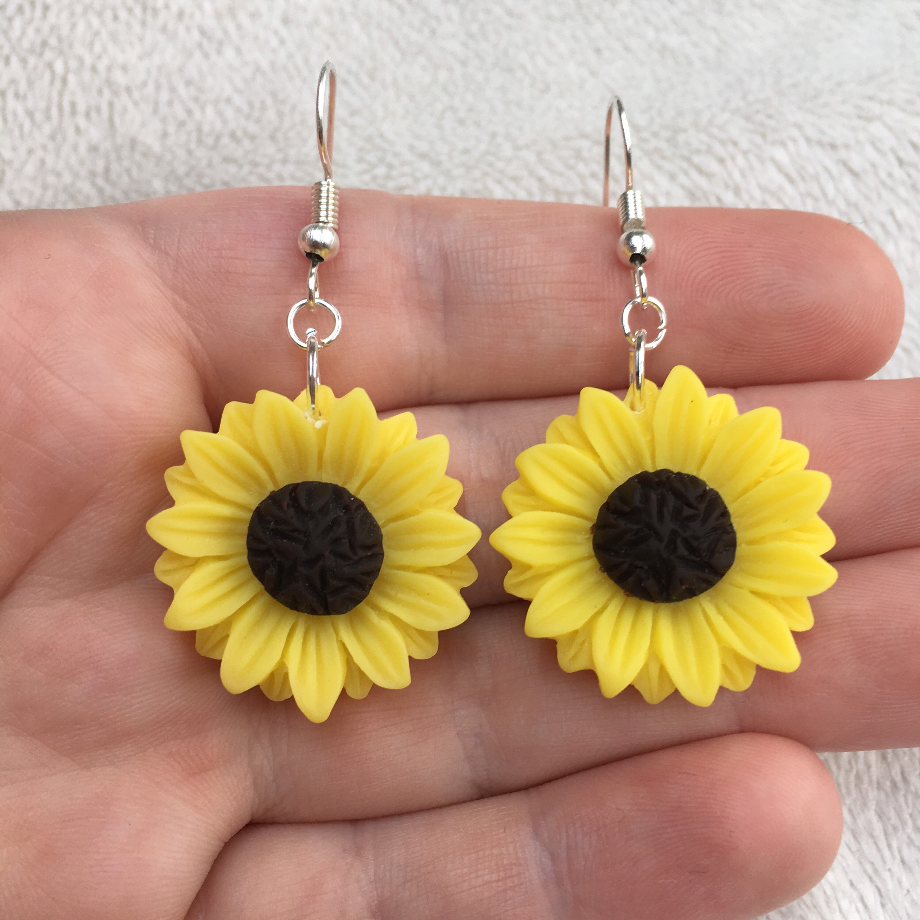 Silver Dangle Drop Earrings With Yellow Sunflower Charms Yellow