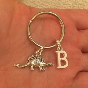 Silver key ring with dinosaur charm and silver letter, personalised keyring, initial key ring, dinosaur key ring, stocking filler
