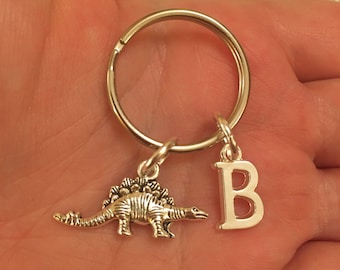 Silver key ring with dinosaur charm and silver letter, personalised keyring, initial key ring, dinosaur key ring, stocking filler