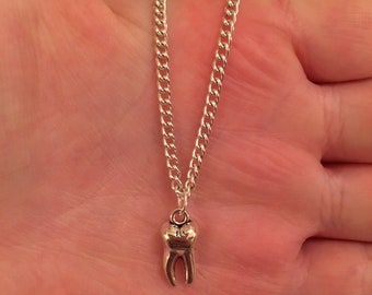 Silver chain necklace with silver tooth charm, tooth necklace, teeth necklace