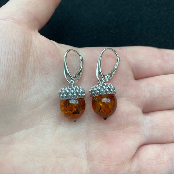 Sterling silver amber acorn hoop earrings, sterling silver acorn earrings, sterling silver acorn jewellery