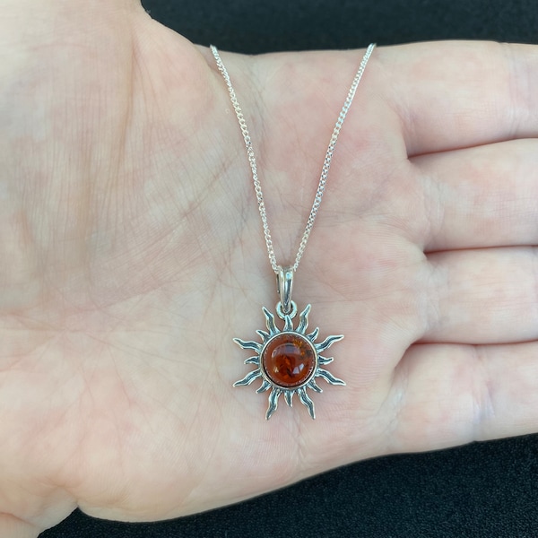 Sterling silver amber sun necklace, sterling silver sun jewellery, sterling silver sun necklace