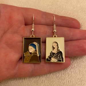 Silver dangle/ drop earrings with famous paintings charms, famous paintings earrings, art earrings, mismatched earrings, stocking filler