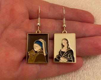 Silver dangle/ drop earrings with famous paintings charms, famous paintings earrings, art earrings, mismatched earrings, stocking filler