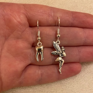 Silver dangle/ drop earrings with tooth and fairy charms, tooth fairy earrings, tooth fairy jewellery