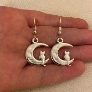 Silver dangle/ drop earrings with cat on the moon charm, cat earrings, moon earrings, stocking filler, secret Santa gift