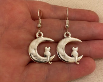 Silver Cat on the Moon Dangle Earrings