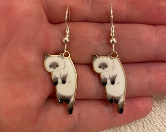 Silver dangle/ drop earrings with cat charms, cat earrings