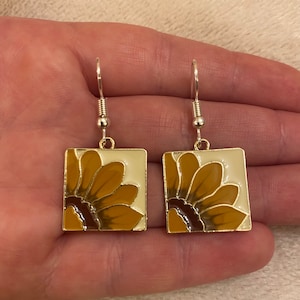 Silver dangle/ drop earrings with sunflower charms, sunflower earrings, sunflower jewellery