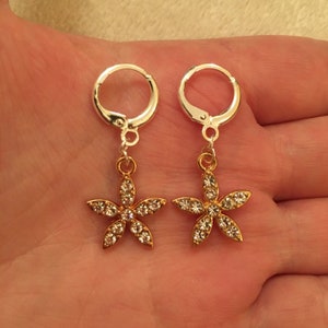 Silver huggie hoop earrings with diamanté flower charms, flower huggie hoop earrings, flower huggie hoops, flower earrings