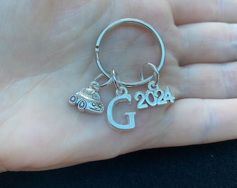 Silver key ring with car charm, 2025 charm and initial, new driver key ring, learner driver key ring, new car gift, driving test gift