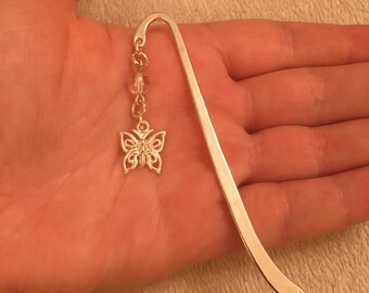 Silver bookmark with bead and butterfly charm, silver butterfly bookmark