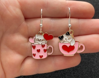 Mismatched Cat Teacup Dangle Earrings: Quirky Jewellery