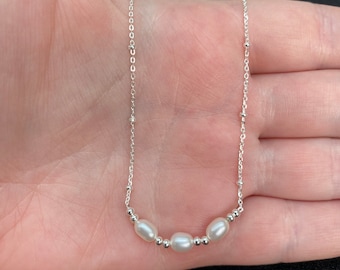 Sterling silver satellite chain necklace with three freshwater pearls, freshwater pearl necklace, freshwater pearl jewellery