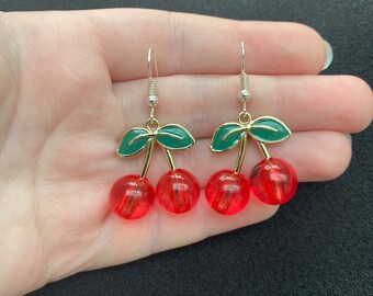 Silver dangle/ drop earrings with red cherry charms, red cherry earrings, fruit earrings, miniature food jewellery