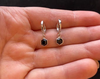 Sterling silver gemstone huggie hoops, black onyx hoop earrings, black onyx jewellery