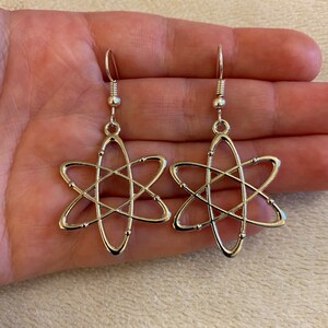 Silver dangle/ drop earrings with atom charms, atom earrings, atom jewellery, science jewellery