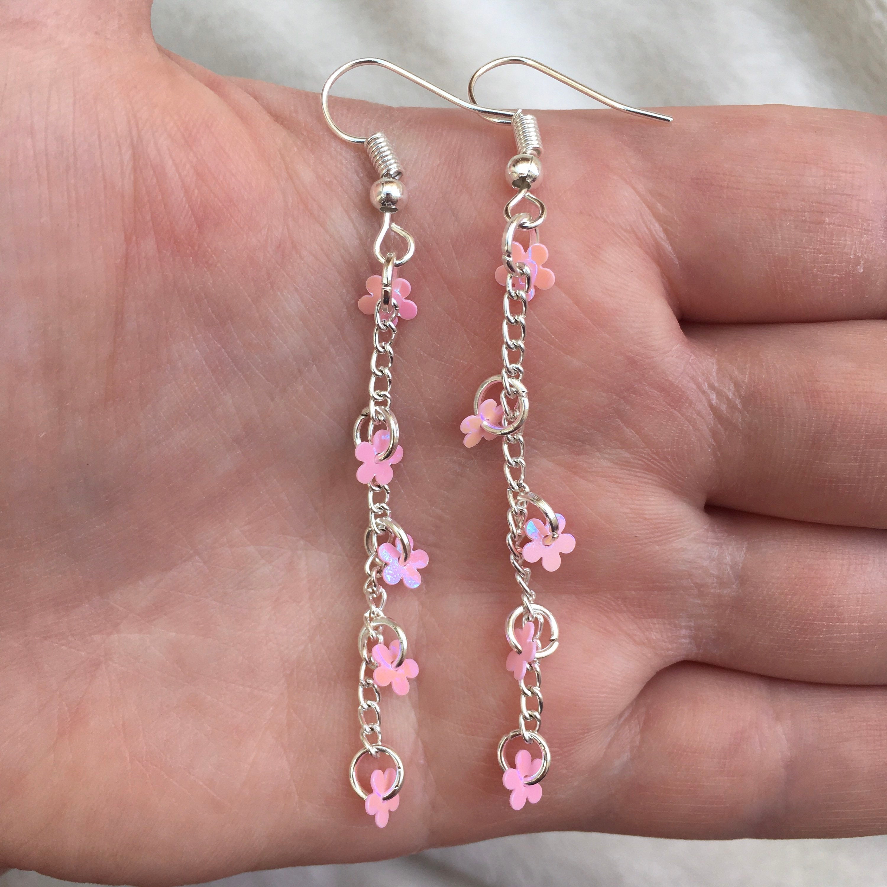 Silver Dangle/ Drop Chain Earrings With Pink Flower Sequins