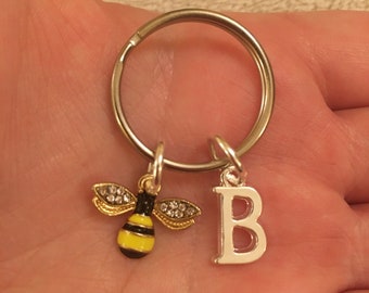 Silver key ring with sparkly bee charm and silver letter, personalised key ring, bee keyring, initial keyring, stocking filler, secret Santa