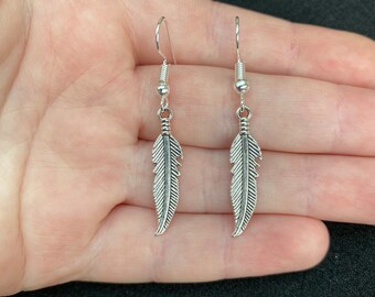 Silver dangle/ drop earrings with silver feather charms, silver feather earrings