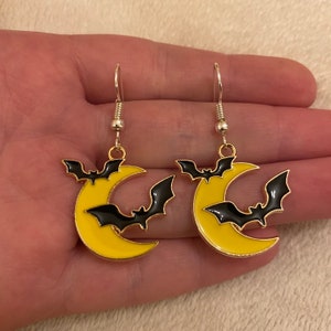 Silver dangle/ drop earrings with bat on the moon charms, bat earrings, moon earrings, Halloween earrings