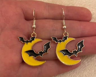 Silver dangle/ drop earrings with bat on the moon charms, bat earrings, moon earrings, Halloween earrings