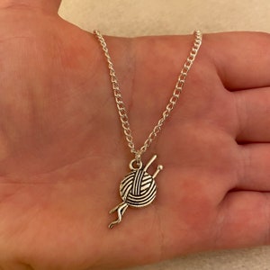 Silver chain necklace with knitting wool and needles charm, knitting necklace, knitting lover gift
