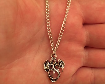 Silver chain necklace with dragon charm, silver dragon necklace, stocking filler, secret Santa gift