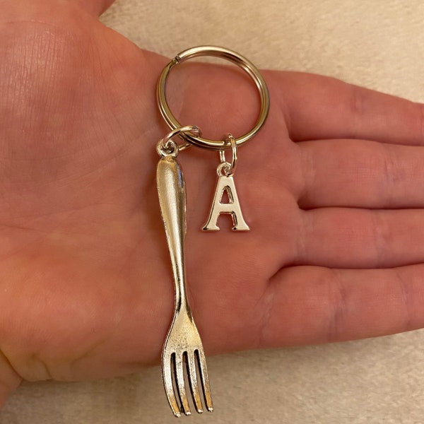 Silver keyring with big fork charm and initial charm, fork keyring, initial keyring