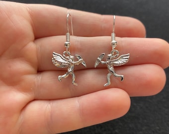 Silver Cupid Dangle Earrings: Cherub Charm Earrings