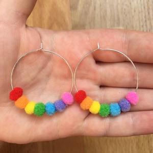 Rainbow Pom Pom Hoop Earrings, silver plated 25mm, 30mm, 35mm hoops, for festivals and pride