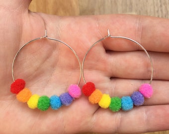 Rainbow Pom Pom Hoop Earrings, silver plated 25mm, 30mm, 35mm hoops, for festivals and pride